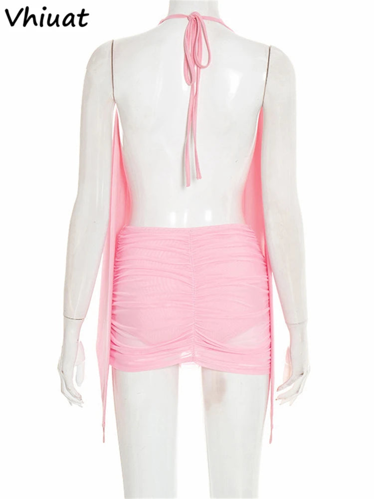 Vhiuat Women Casual Backless Bodycon Mini Dress Club Party Sleeveless Halter Pink Elegant Sexy Short Dress Vestidos Spring 2026