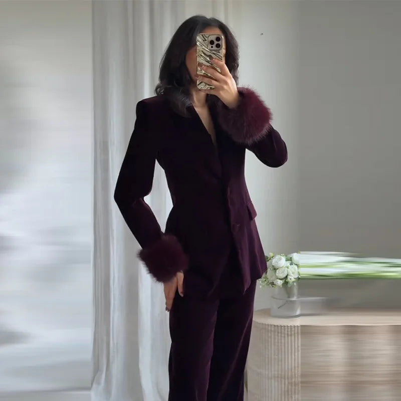 Elegant Feathers Women Blazer Pants Suit Lapel Button Coat Straight Wide Leg Trousers Lady Set 2026 Spring Female Outfits