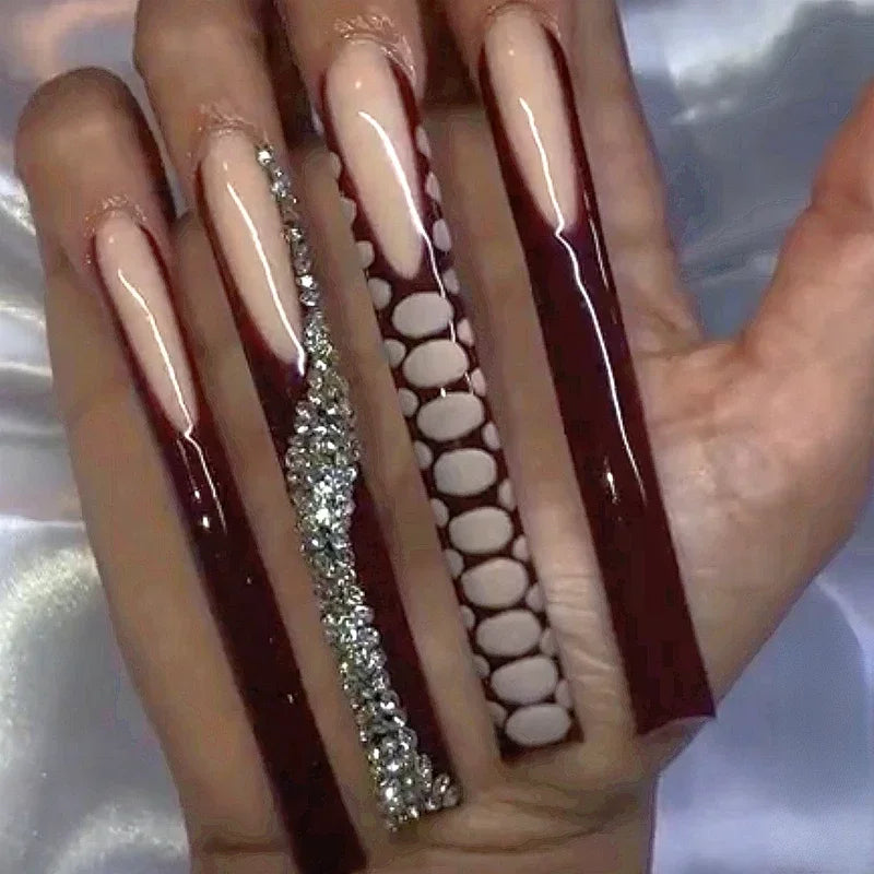 Handmade Crocodile Print Y2K Pink Custom XXXL Long Square Press On Nails Acrylic False Nail Tips Bling Fake Nail With Glue Party
