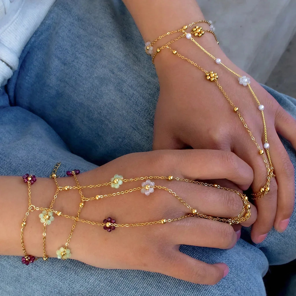 Colorful Crystal Beads Flower Hand Chain Bracelet for Women Fashion Charm Y2K Summer Beach Stainless Steel Jewelry Accessories