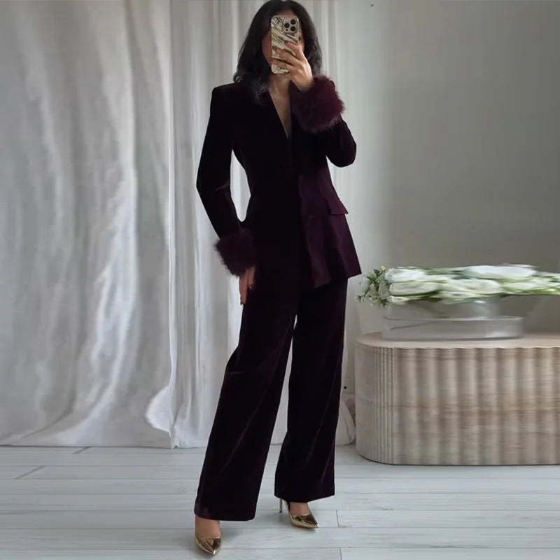 Elegant Feathers Women Blazer Pants Suit Lapel Button Coat Straight Wide Leg Trousers Lady Set 2026 Spring Female Outfits