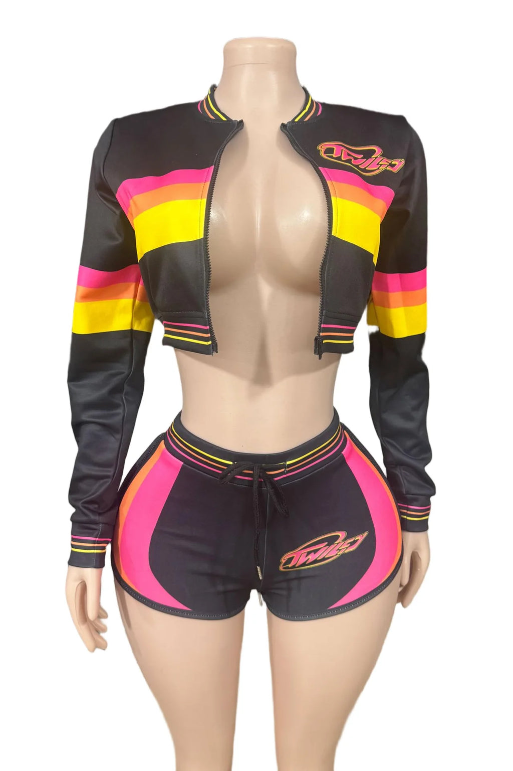 HLJ&GG Fashion Trend Y2K Striped Patchwork Two Piece Sets Women Zip Long Sleeve Crop Top + Shorts Outfits Female 2pcs Streetwear