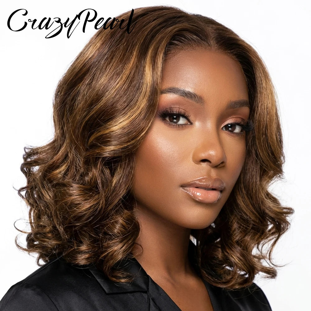 CrazyPearl P4/27 Highlight 5X5 Lace Closure Wigs Human Hair Bob Wigs Ombre Brown Blonde Body Loose Wave 16Inch Wigs For Woman