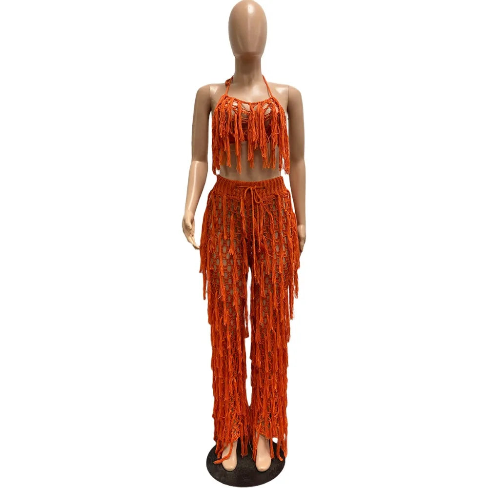 FAGADOER Sexy Hollow Out Tassels Pants Two Piece Sets Women Halter Sleeveless Backless Crop Top + Pants Outfit Female Streetwear