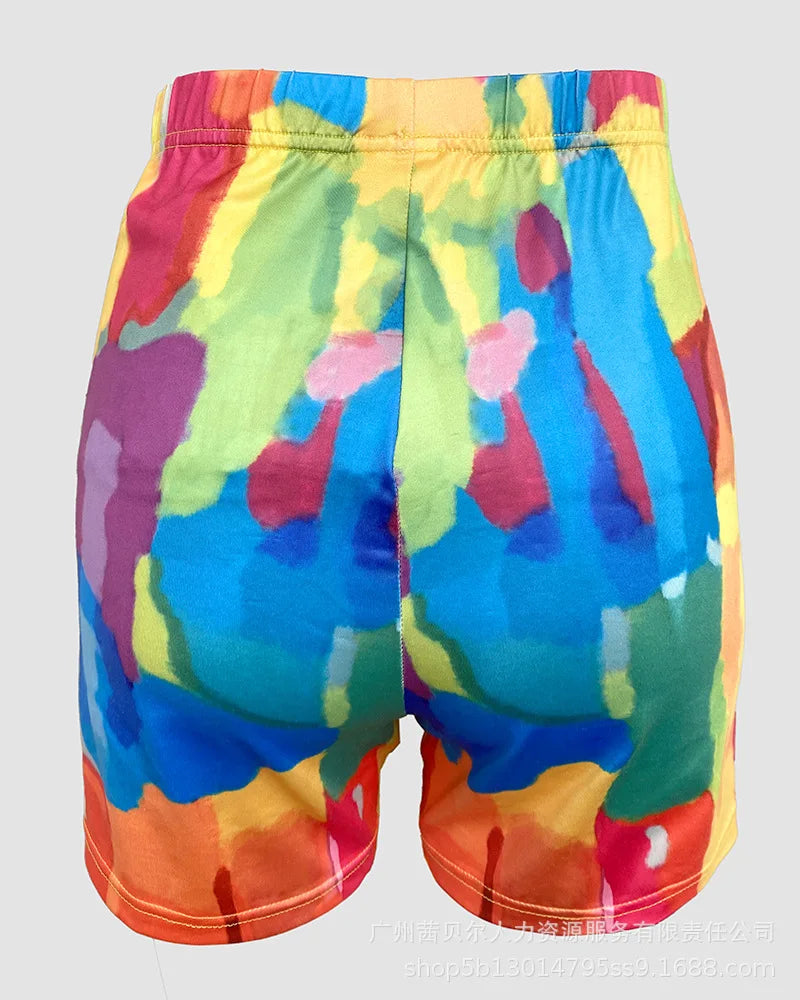 Women Two Piece Short Sets Print Slim Fit Tops Pencil Pants Casual Spliced Round Neck Top Shorts Suit Sporty Summer 2025