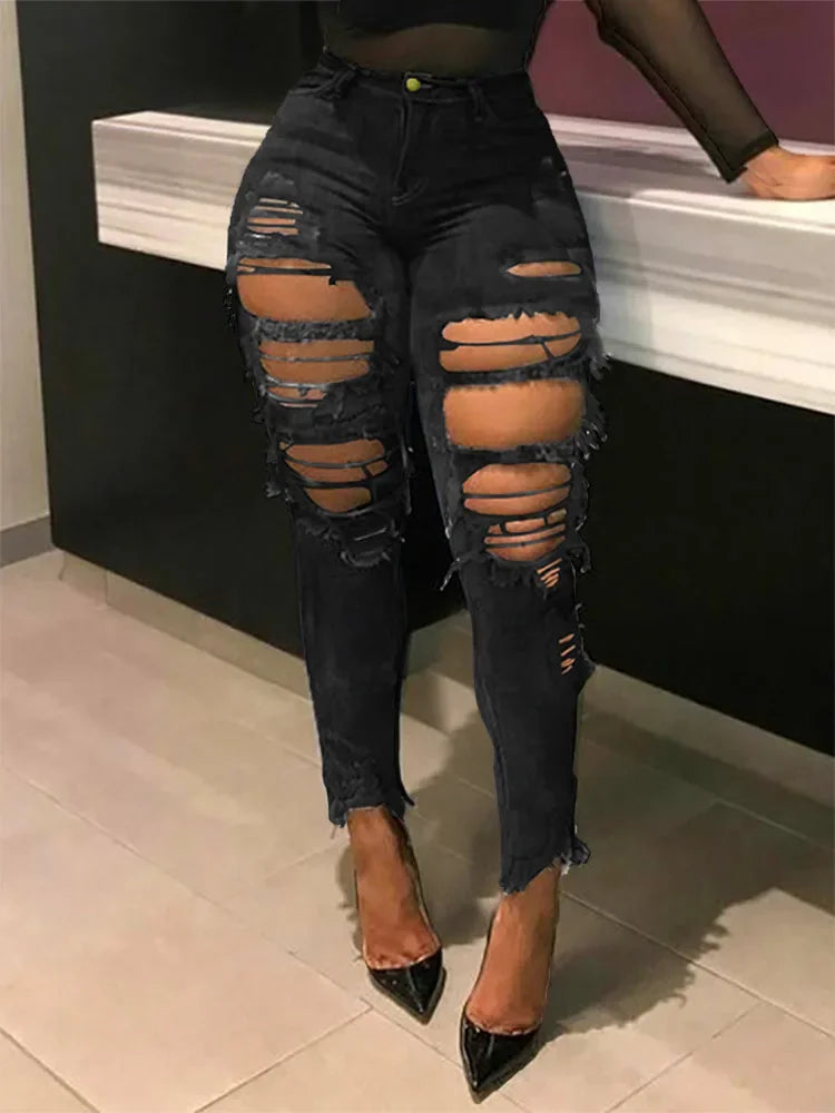 Hole Jeans Women Denim Pencil Pants Streetwear Washed Skinny Stretch High Waist Distressed Ripped Ankle Length Trousers 2025