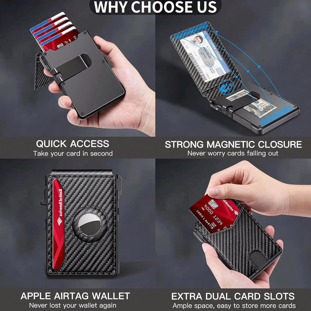 Men's Slim RFID Bifold Leather Wallet with Pop-up Aluminum Money Clip & Card Holder - Minimalist, Stylish, Secure