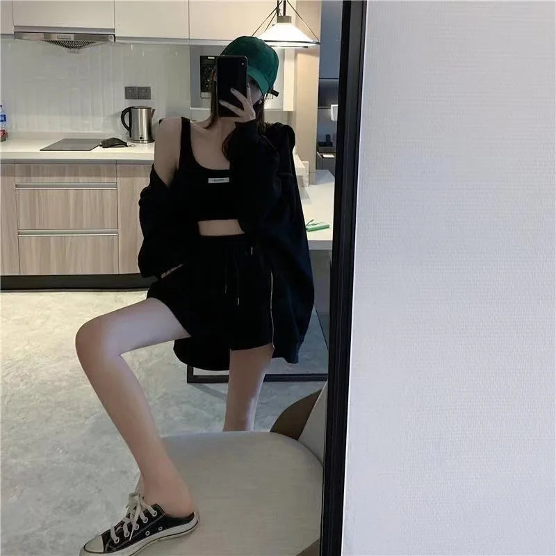 Shorts Three 3 Piece Sets Women Casual Vest Drawstring Short Hooded Zipper Jacket Sportswear Suits Y2k Streetwear Sports Hoodies