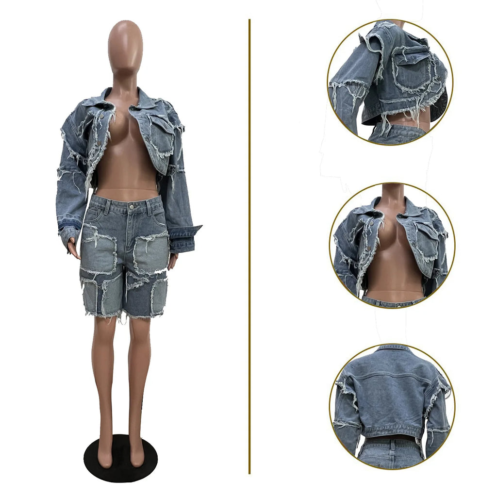 Shorts Pant Set Women Two Piece Sets Denim Turn Down Collar Matching Sets Tops Knee Length Pants High Waist Y2k Streetwear