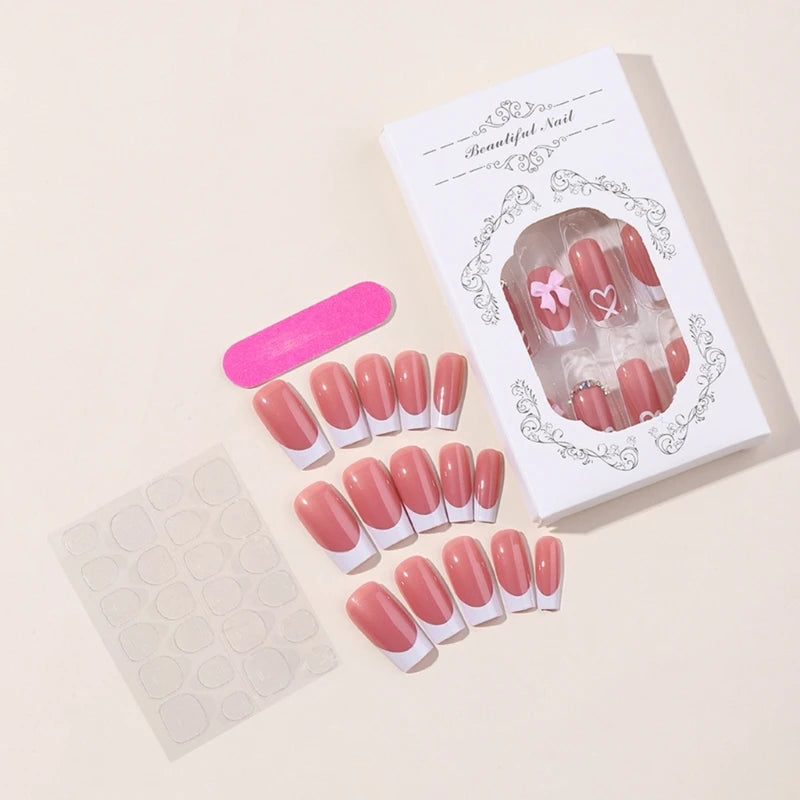 Chic Bows Tie Adorned Press On Nails Medium Long False Nails Full Cover Glossy Nude Square Acrylic False Nails Drop Shipping