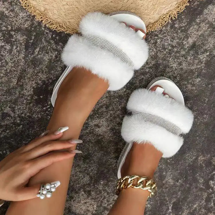 2026 Women's New Thick Bottom Water Diamond Hairy Slippers for Women's Autumn and Winter Flat Bottom Large Anti slip Slippers