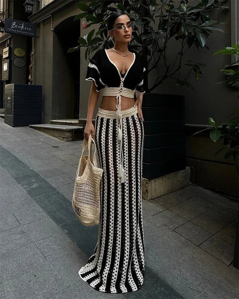 Striped Knitted Two Piece Set Women Outfit Y2K Clothes Clubwear Party Hollow Out V-neck Crop Top and Long Skirt Maxi Dress Sets