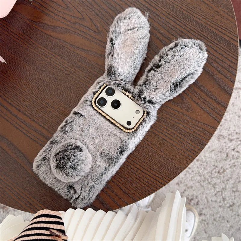 3D Cute Rabbit Ears Warm Furry Plush Bunny Phone Case For iPhone 17 Air 16 15 14 13 12 11 Pro Max XS XR X Plus Shockproof Cover