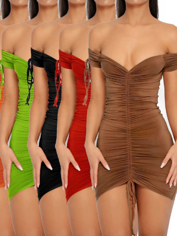 Sexy V Neck Low-cut Drawstring Shirring Slim Bodycon Dress Women Off Shoulder Skinny Mini Dress Elegant Club Party Vestidos