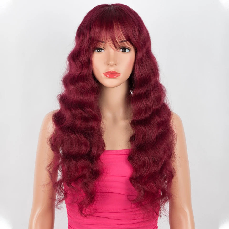 Lekker Burg Red Long Deep Wavy 100% Human Hair Wigs With Bangs For Women Brazilian Remy Hair Glueless Cosplay Colored Wigs