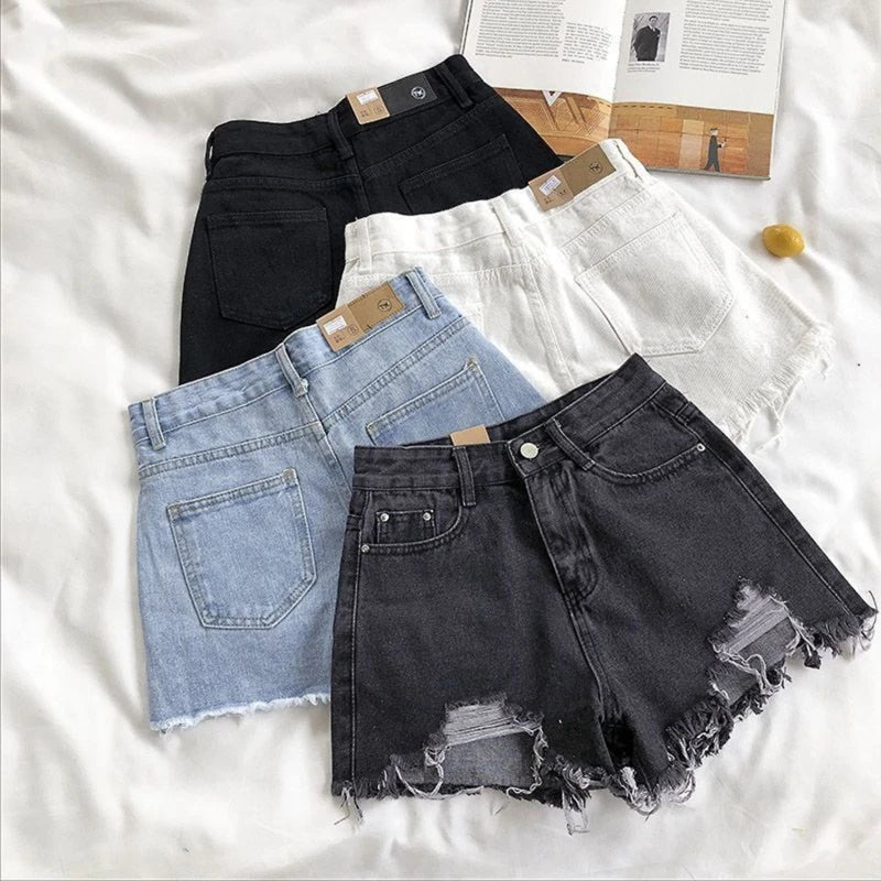 Korean Denim Shorts Women Summer Fashion Casual High Waist Ripped Jeans Pocket Tassel Hot Pants Streetwear Blue Trousers