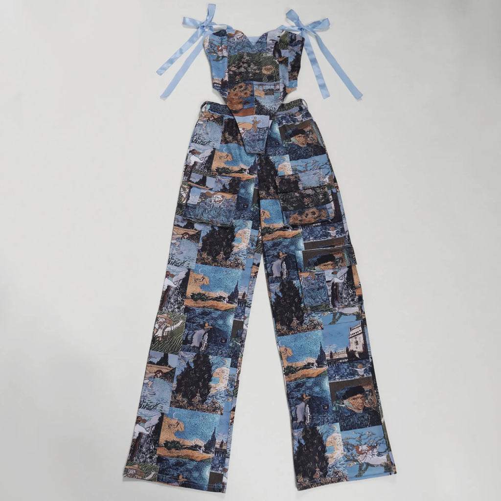 Two Pieces Women Pant Sets Print Matching Set Drawstring Pockets Sleeveless Top Elastic Waist Pants Slim Fit Casual 2026 Spring