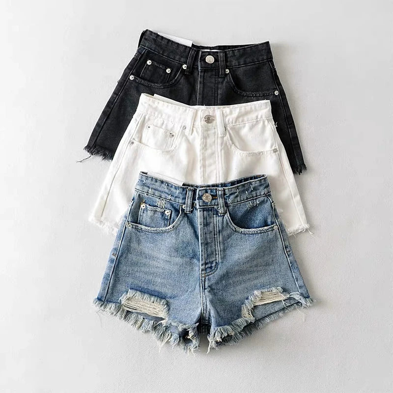 High Street Broken Hole Washed Denim Shorts Women Fashion Tassel Raw Edge Distress Jean Shorts Casual High Waist Pocket Shorts