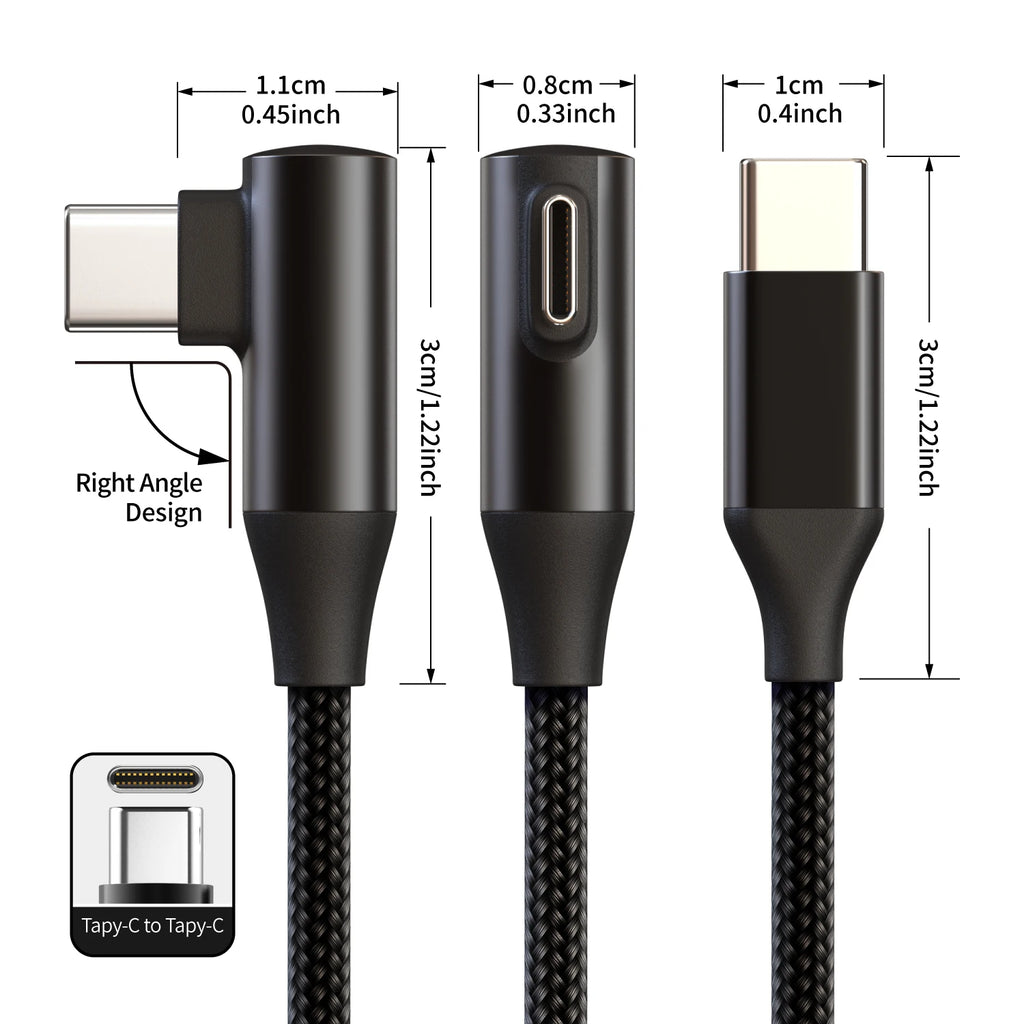 USB-C to Type-C 60W 3A Fast Charging Cable, 90° Angled Design, Nylon Braided. For Type-C phones/tablets/headphones. 25cm/50cm/1m