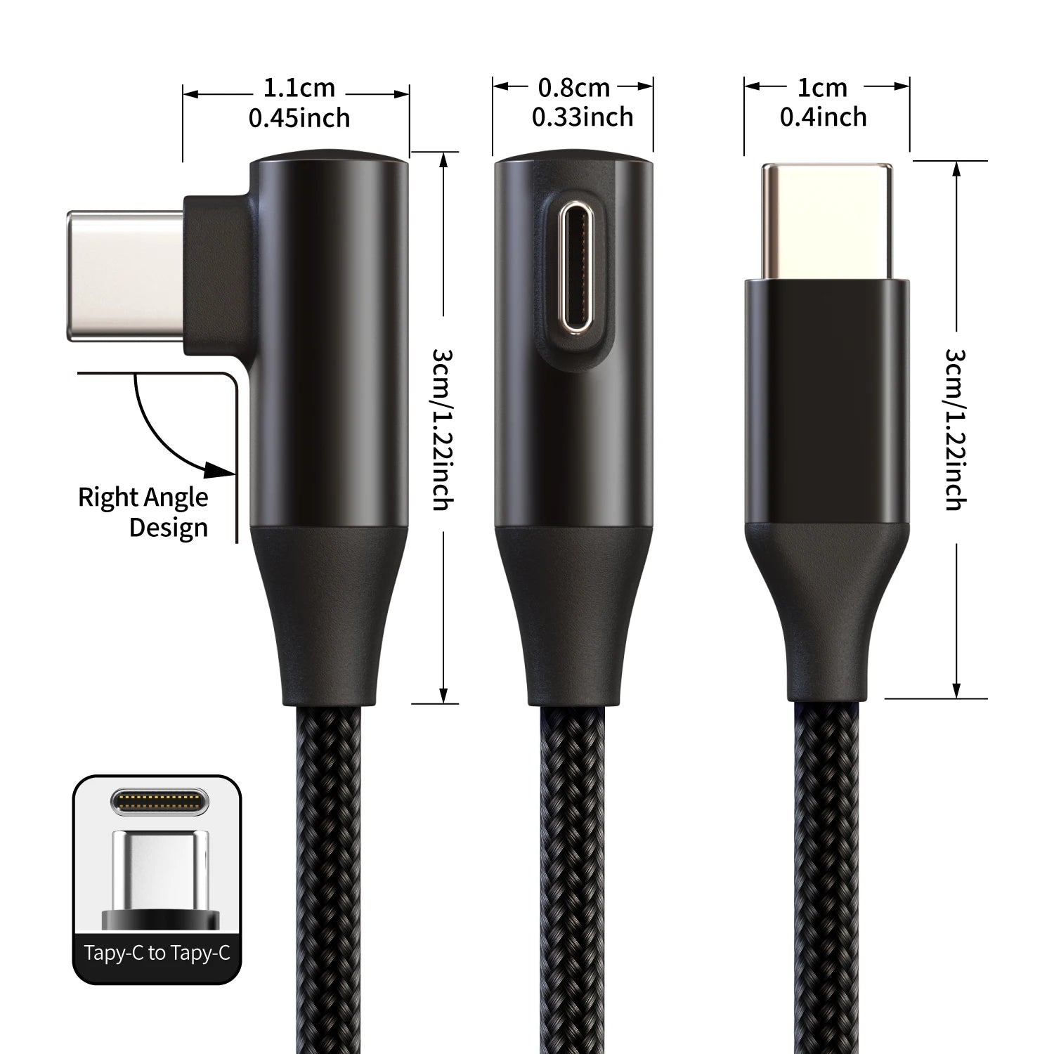 USB-C to Type-C 60W 3A Fast Charging Cable, 90° Angled Design, Nylon Braided. For Type-C phones/tablets/headphones. 25cm/50cm/1m