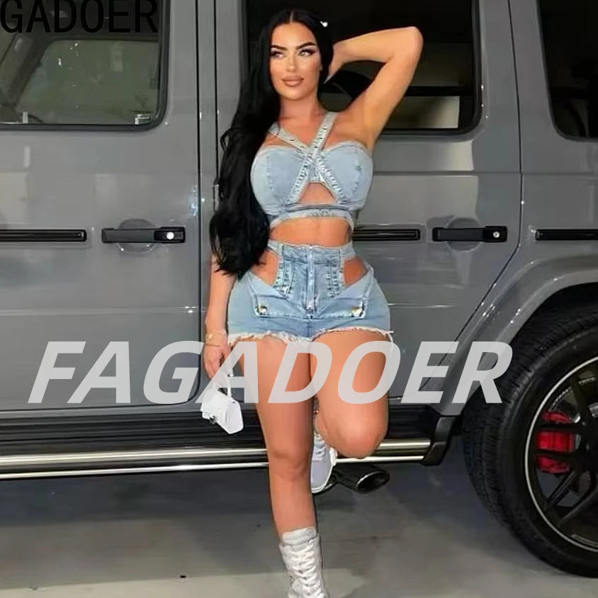 FAGADOER Summer New Sexy Denim 2 Piece Sets Woman Outfit  Y2k Streetwear Spaghetti Strap Sleeveless Crop Top and Shorts Suit