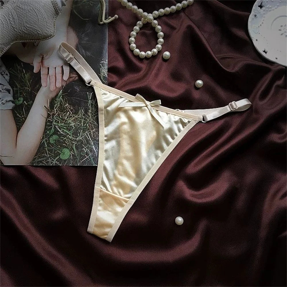 Sexy Adjustable Thongs Women Smooth Glossy Silk Low Waist Satin T-back Panties Plus Size Culotte Femme