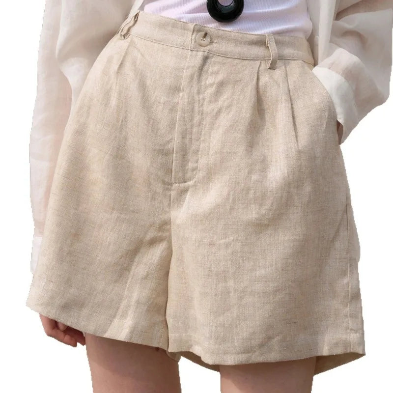Retro 100% Linen Short Pants Women High Wasit Casual Harajuku Fashion Streetwear White Color Summer Office Lady Female Shorts