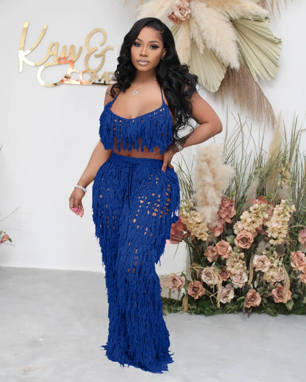 FAGADOER Sexy Hollow Out Tassels Pants Two Piece Sets Women Halter Sleeveless Backless Crop Top + Pants Outfit Female Streetwear