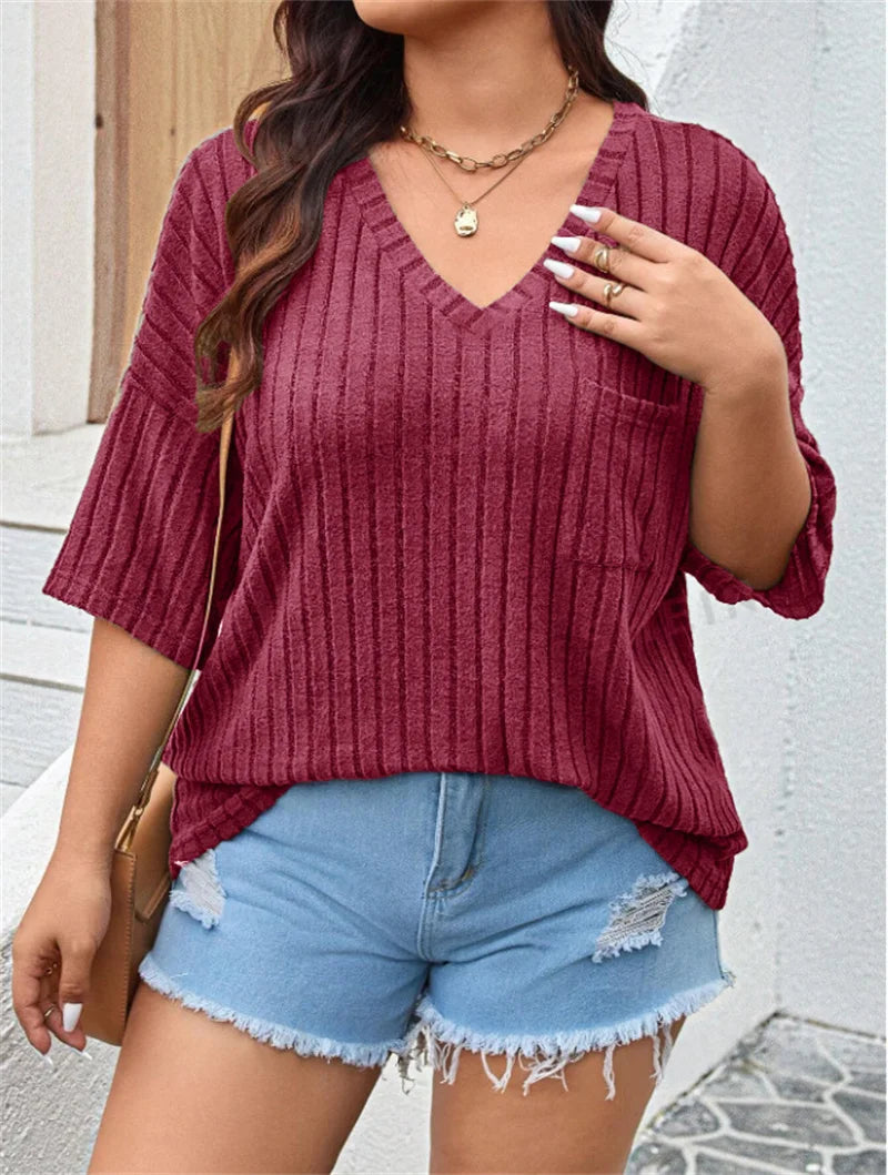 GIBSIE Plus Size Drop 3/4 Sleeve Loose Rib-knit T Shirt Women Summer 2025 Solid Color V-Neck Pocket Casual Female Tops Tees