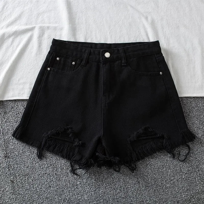Denim Shorts Women High Waist Slender Korean Fashion Summer Frayed Buttons Zipper Tassel Loose Solid All-match Streetwear Chic