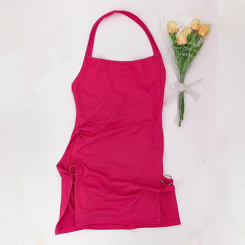 Women Sexy Dress Elegant Lady Sleeveless Ring Buckle Side High Slit Cutout Night Club Dresses Y2k Halter Mini Dress Streetwear