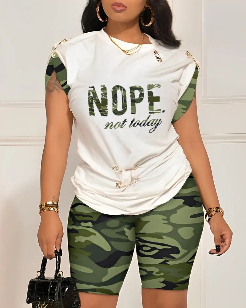 Women Leisure Pin Digital Printing Set O Neck Short Sleeve T-shirt And Shorts 2 Pieces Sets Summer Top + Short Pant 2 PCS Suits