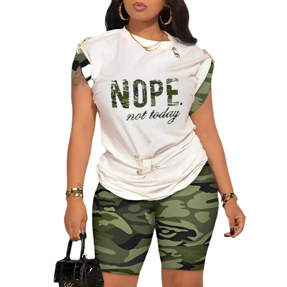 Women Leisure Pin Digital Printing Set O Neck Short Sleeve T-shirt And Shorts 2 Pieces Sets Summer Top + Short Pant 2 PCS Suits
