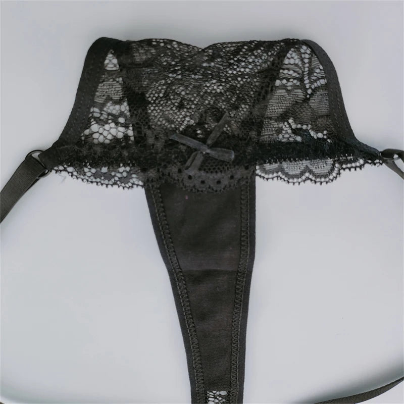 Solid Floral Lace Sexy Panties Ladies Low Waist Bow T-back Thong Adjustable Thin Belt Underwear Hollow See-through Lingerie 3PCS