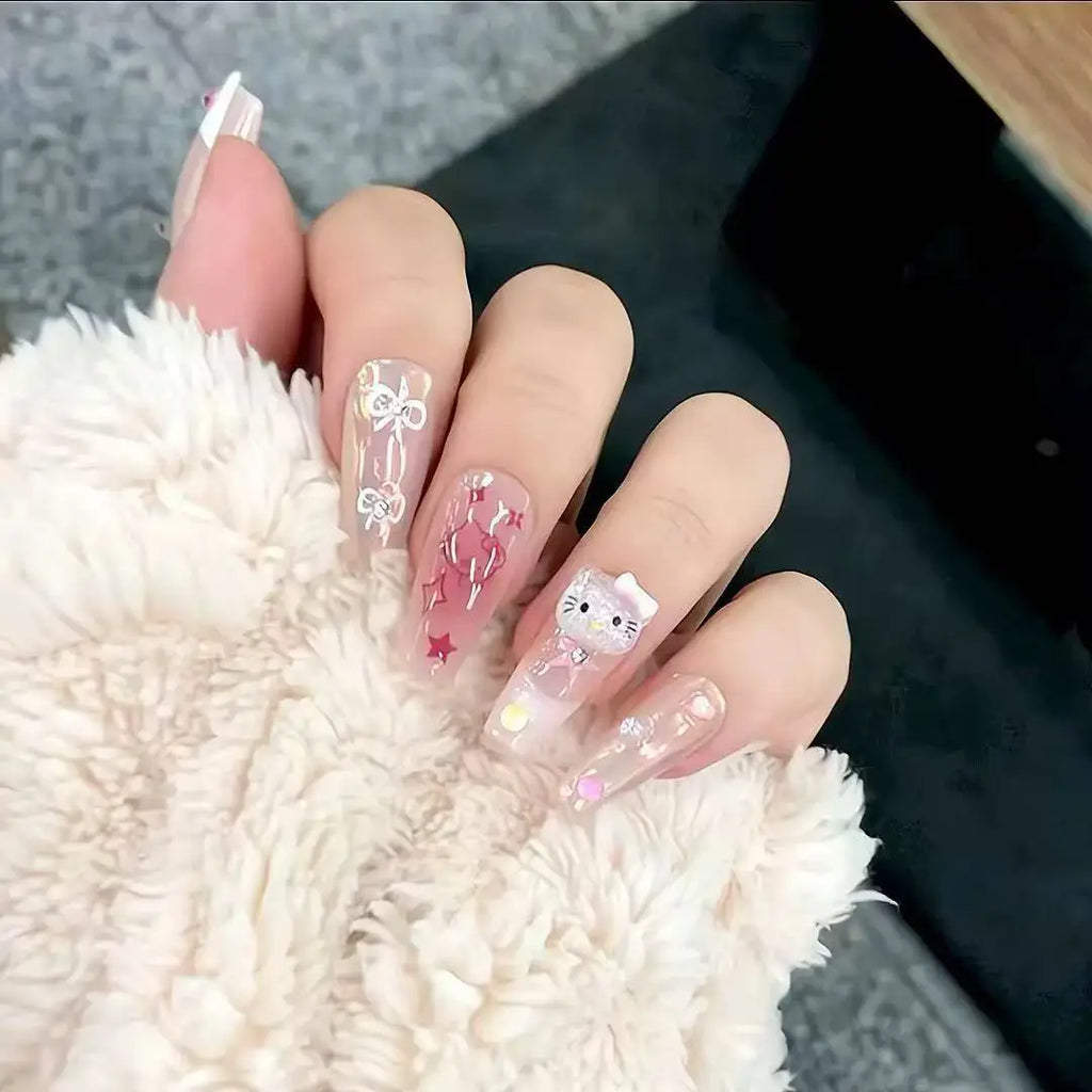 Y2k Girls Hello Kitty Cat Wearing Nails Cute Nail Art Pink Tone Anime Ins Fake Nail Patches Cartoon Kawaii  Kt Cat Women Diy