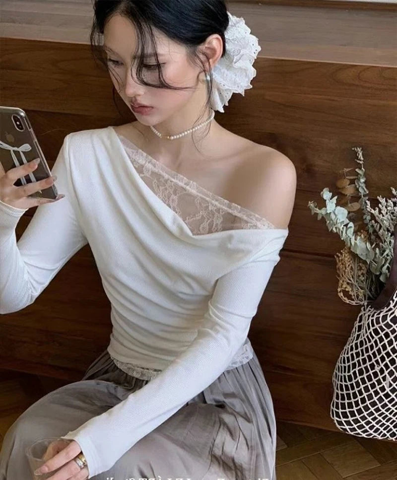 Lace Patchwork Sexy Slash Neck Blouse Slim Solid Long Sleeve Chic Shirt Chic Harajuku Elegant Commuter Office Lady Tops