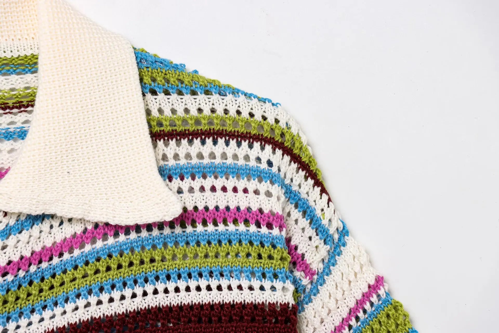 Women Patchwork Striped Hollow Out Crochet Knitted Crop Sweater Shorts Set Short Sleeve Polo Collar Sweater Knit Shorts Suit Y2K