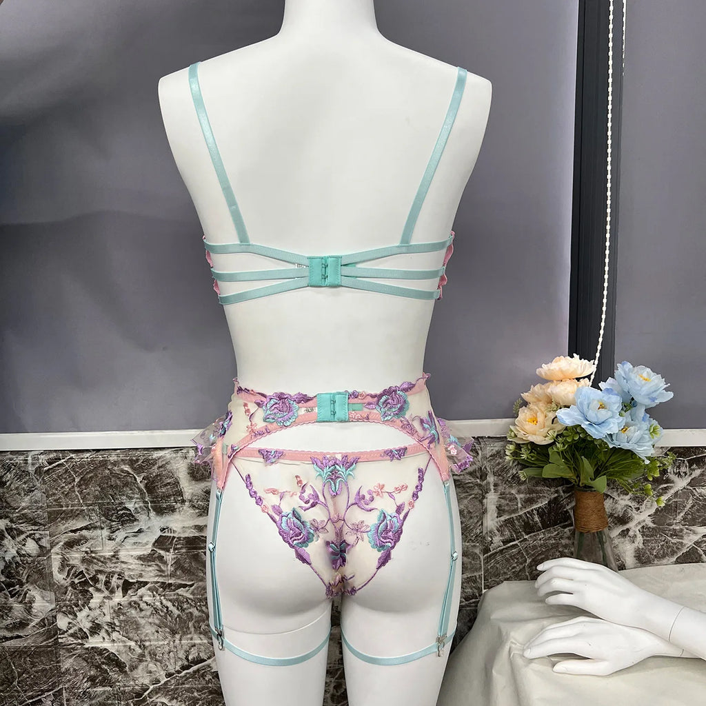 Diccvicc Embroidery Floral Lingerie See Through Sexy Lace Women Underwear Bra Thong Set Fancy Garter Intimate Kit Exotic Outfit