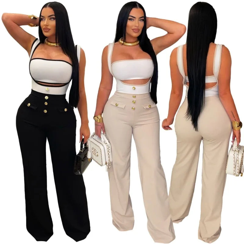 Elegant 2 Piece Sets for Women Summer Outfits Sexy Halter Tube Crop Tops Bodycon Flare Pants Set Vacation Jumpsuits Club Outfits