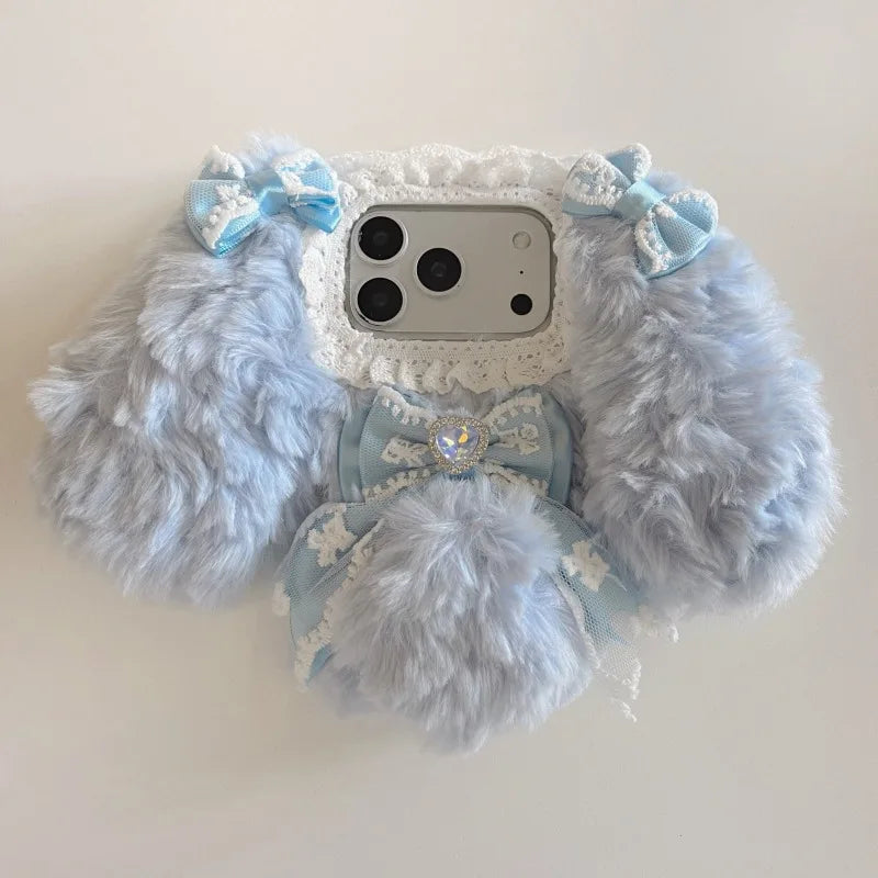 Plush Cute pink blue rabbit  Phone Case for IPhone17 16 15 14 13 Pro Max Soft Silicone Warm Fur Anti-drop luxury Back Cover