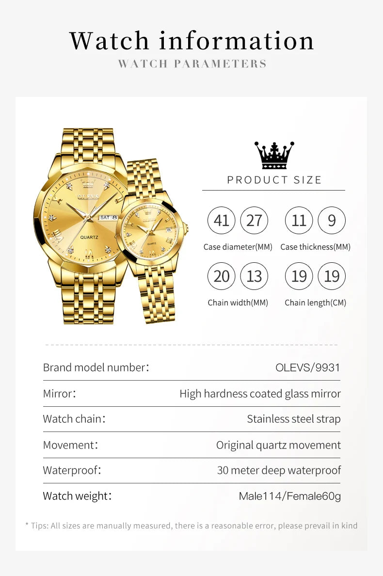 OLEVS 9931 Watch For Men Women Roman Scale Quartz Couple Watch Rhombus Mirror Auto Date Wristwatch Luxury Waterproof Hand Clock