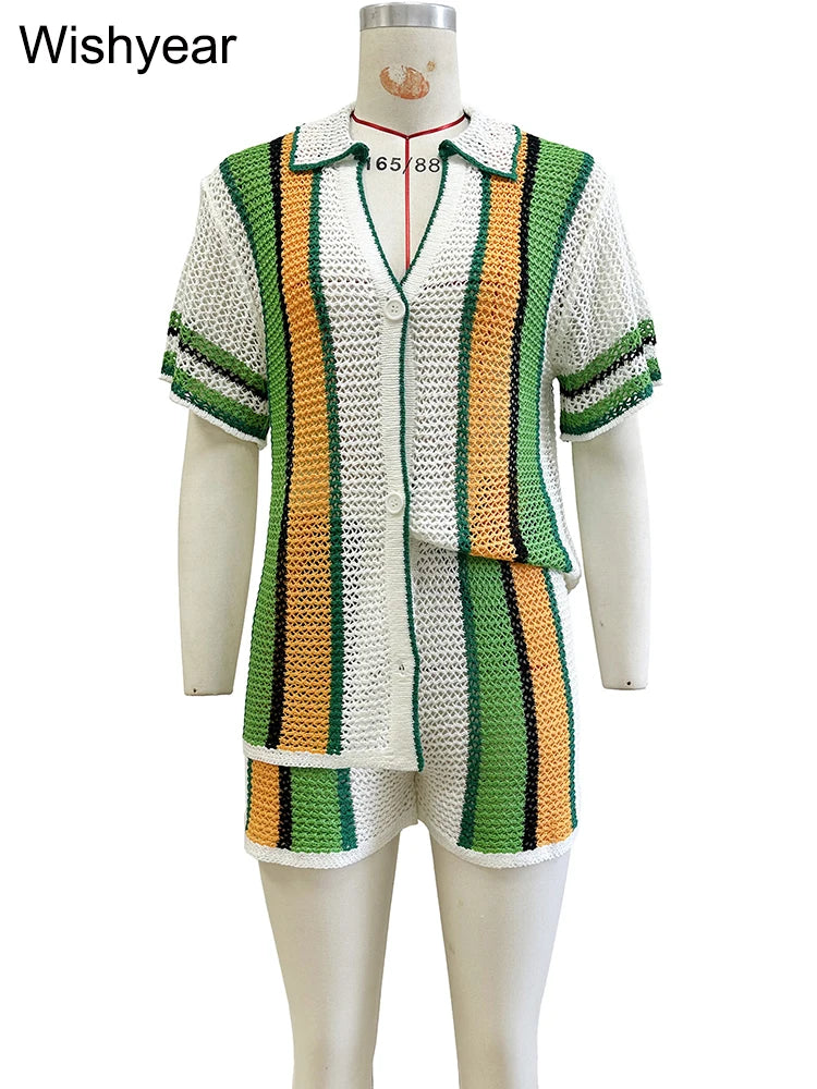 Sexy Colorful Striped Patchwork Knitting Two Piece Pants Set Women Short Sleeve Top and Shorts Fashion Beach Sweater Club Outfit