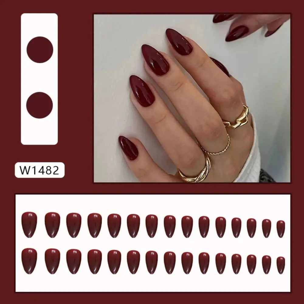 24Pcs Long Almond False Nails French Cherry Red Color Fake Nials Press on Nails Fake Nails DIY Manicure Detachable Nail Tips
