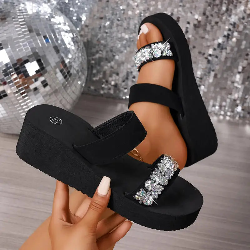 Luxury Silver Rhinestore Thick Bottom Black Sandals Women Summer 2026 Comfort Platform Beach Slippers Woman Wedge Heel Slippers