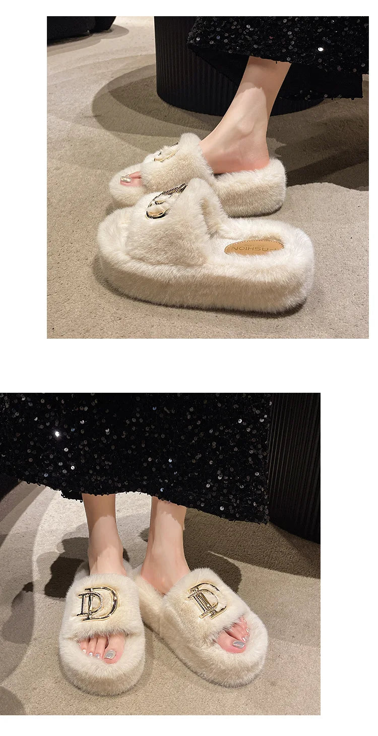 Autumn/Winter 2024 Women's letter metal buckle new fur slippers thick soled outerwear fashionable home new product slippers