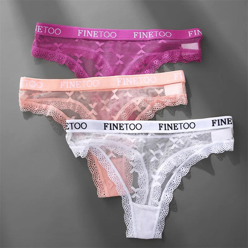 FINETOO Women Lace Thongs 3Pcs/set Letter Bikini Underpants Sexy T-Back Underwear Female Low-Rise Floral G-strings Lingerie 2022