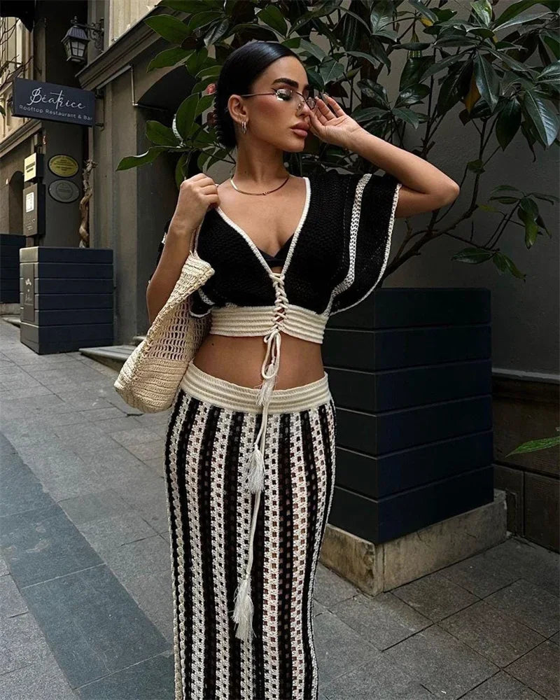 Striped Knitted Two Piece Set Women Outfit Y2K Clothes Clubwear Party Hollow Out V-neck Crop Top and Long Skirt Maxi Dress Sets