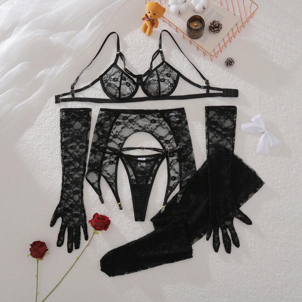 AVELINE 2025 Elegant Lace Underwear Set thong shaping ultra-thin see through stockings women's sexy five piece set