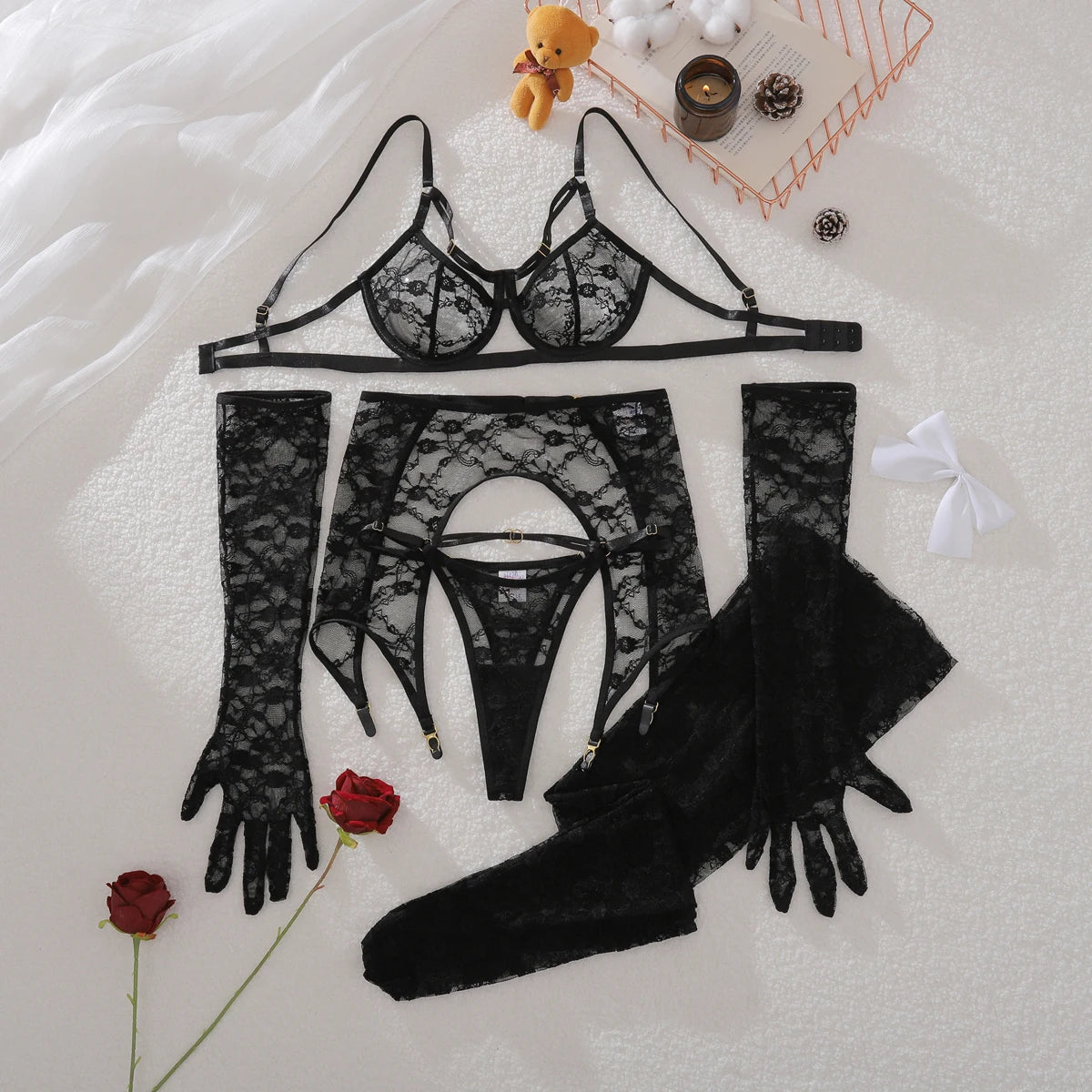 AVELINE 2025 Elegant Lace Underwear Set thong shaping ultra-thin see through stockings women's sexy five piece set