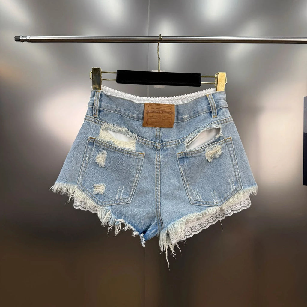 Summer 2025 New French Retro Lace Splicing Ripped Rough Edge Fake Two-piece Denim Shorts Spice Girl Y2K High-waisted Slim Jeans